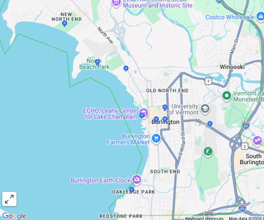 Map of Burlington eBikes station locations along Lake Champlain waterfront